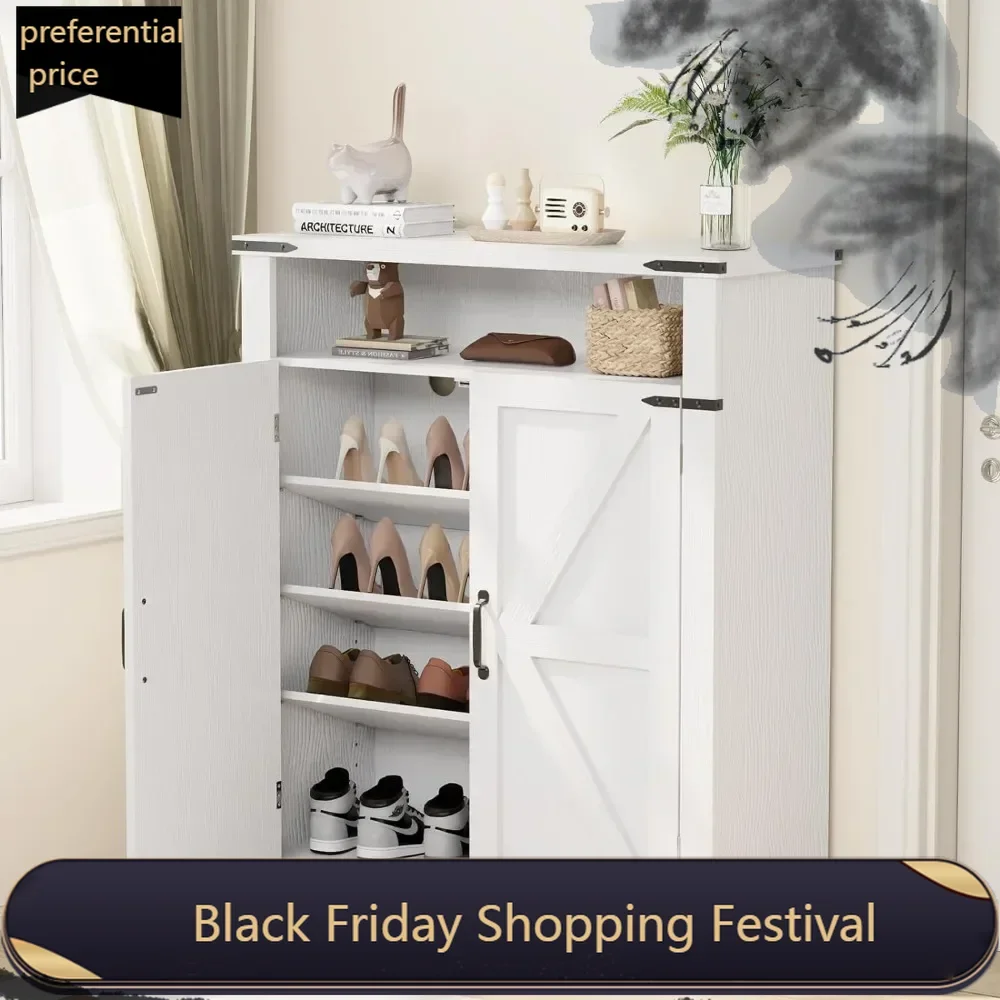 6-Tier Shoe Storage Cabinet, Farmhouse Shoe Rack Organizer Cabinet with Adjustable Shelves & 2-tier Open Storage