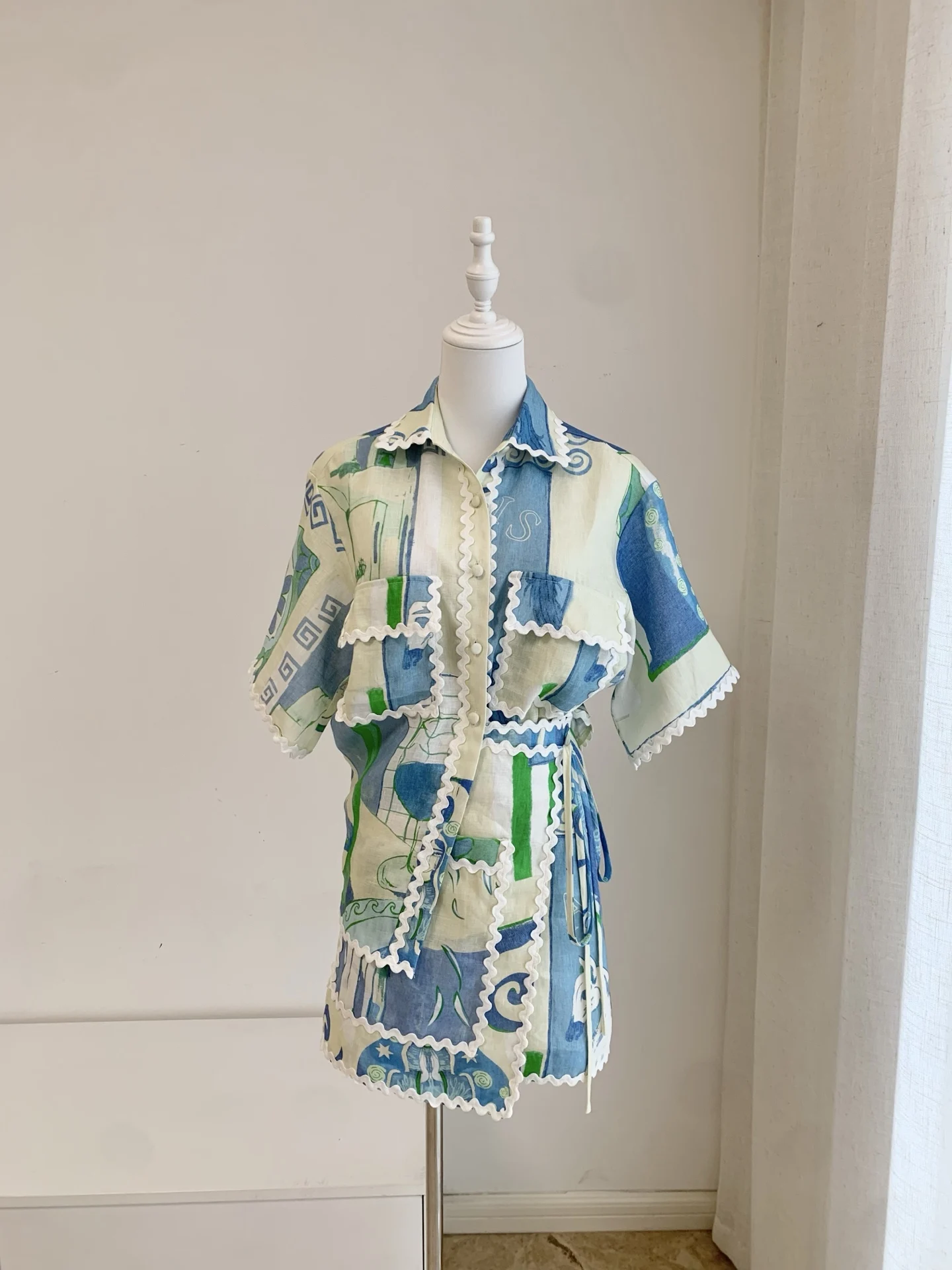 Women Fashion Print  CasualLinen Set Turn-down Collar Short Sleeve Shirt tops + High Waist A-Line Mini Skirt