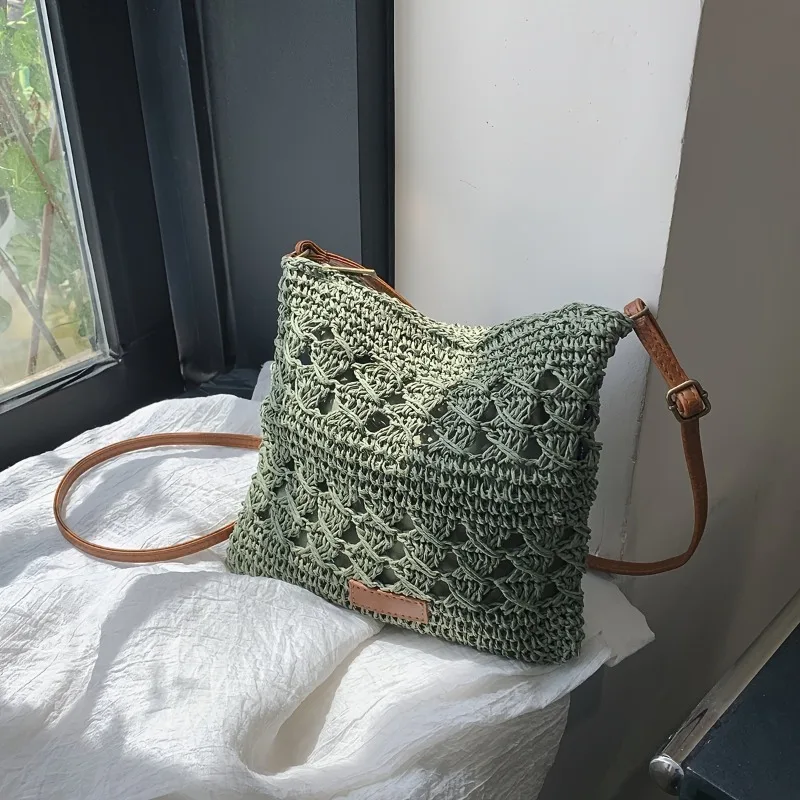 Fashion New Straw Woven Crossbody Bag, Solid Color Beach Style Shoulder Bag, Suitable for Seaside Vacation and Tourism Occasions
