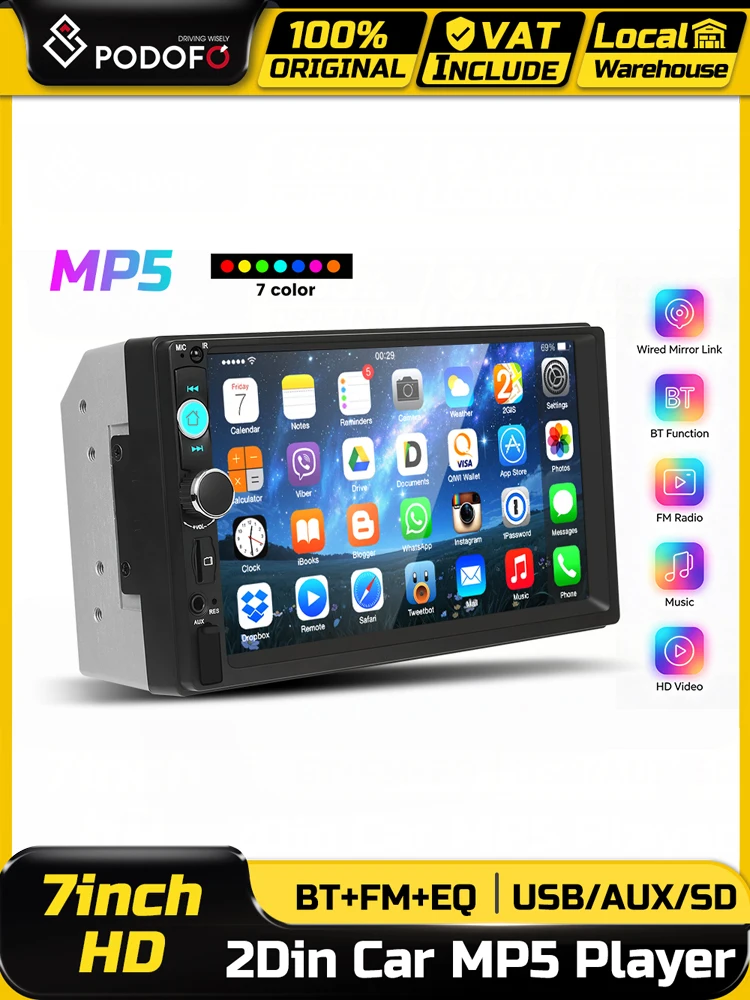 Podofo 7'' Touchscreen Autoradio Multimedia-Videoplayer Mirror Link Auto-Intelligentes System BT EQ FM-Radio Stereo Auto-MP5-Player