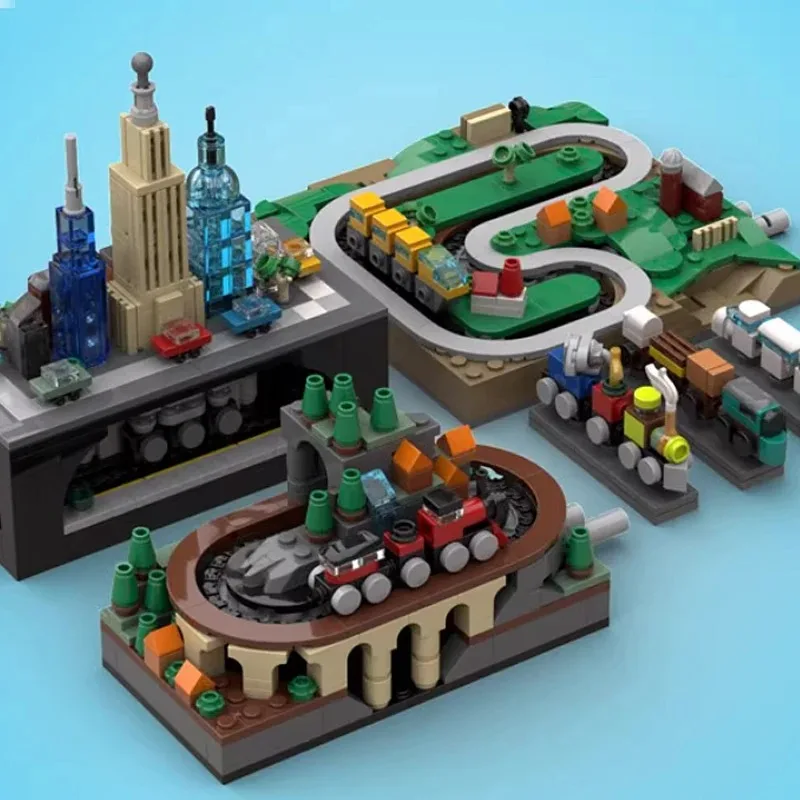 

MOC Building Blocks Multi-Scene Railway Collection Set: демонстрационная модель с треками и поездами для взрослых, коллекционный подарок