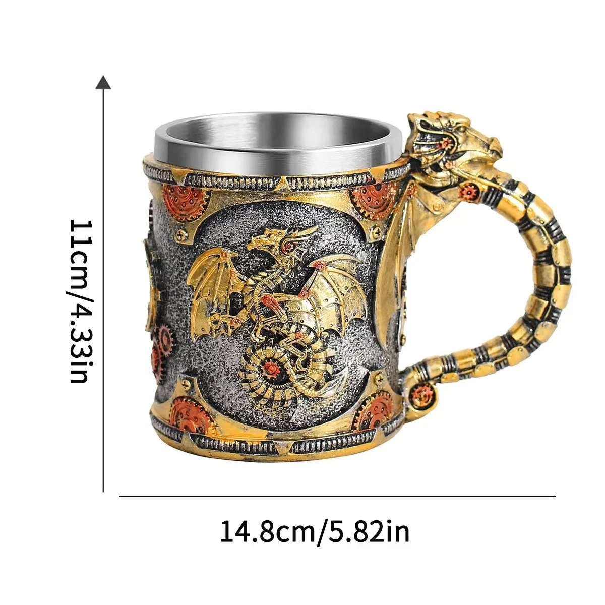 Vintage Medieval Steampunk Dragon Mug Stainless Steel Coffee Cup Metal Mechanical Loong Beer Cola Drinks Tools Men Office Gifts