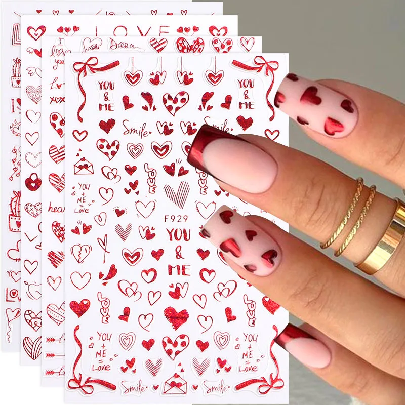 4pcs Red Chrome Valentine Stickers for Nails Love Heart Letter Designs 3D Self Adhesive Sliders Decals Manicure Decoration