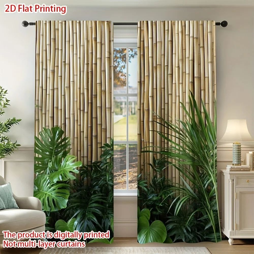 Natural Bamboo Foliage Theme Curtain 2 Panels Vertical Pale Bamboo Base Tropical Green Plant Print Window Curtain Zen Home Decor