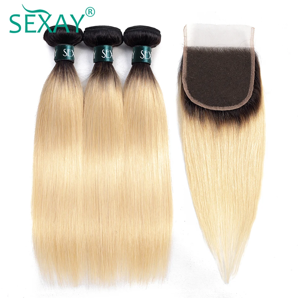 Sexay 1B Blonde Straight Human Hair Bundles With Closure Pre Plucked Ombre Honey Blonde Bundles With Transparent Lace Closures