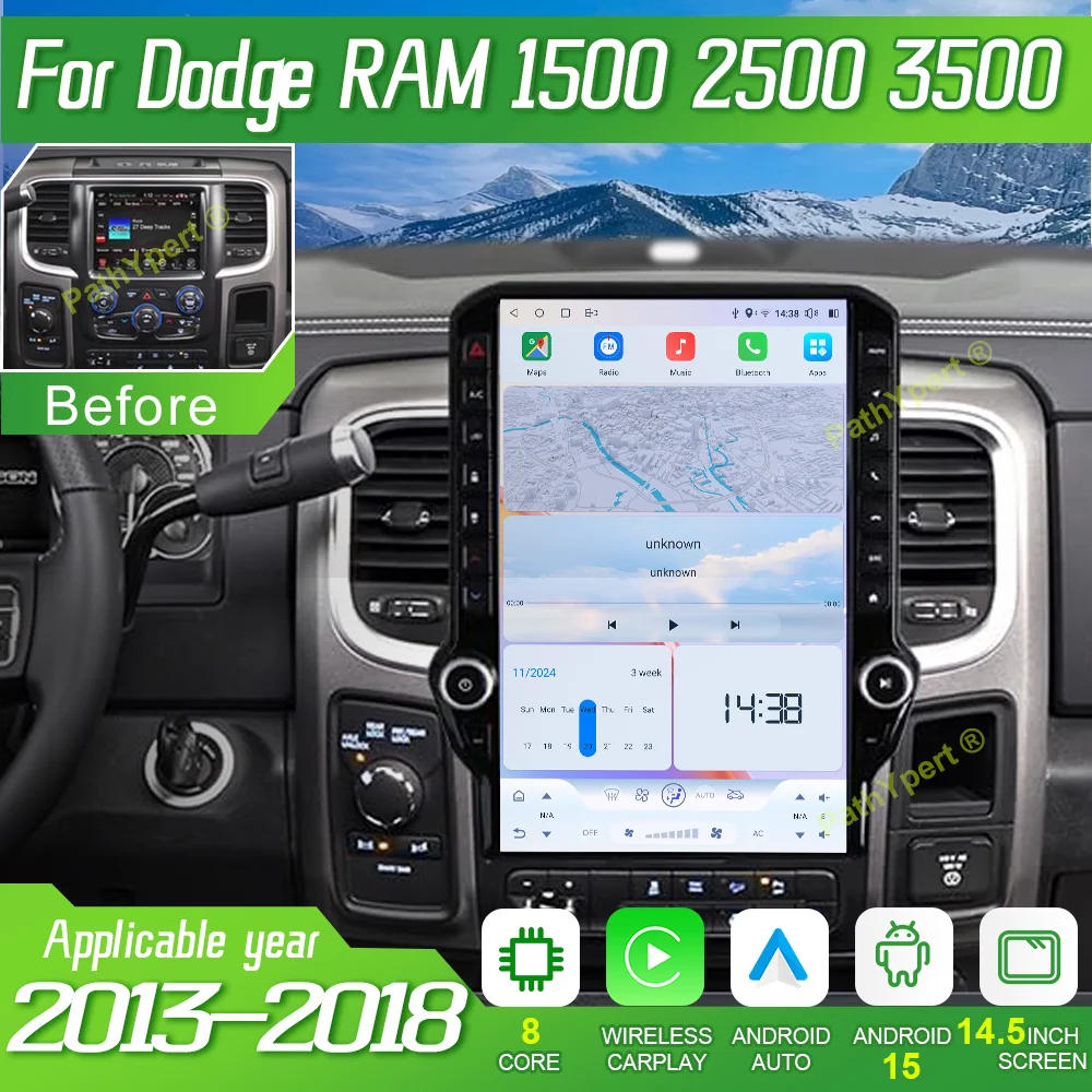 

14,5 "Qualcomm 6125 чип Android 15 для Dodge RAM 1500 2500 3500 2013-2018 мультимедийный плеер Tesla экран беспроводной Carplay стерео