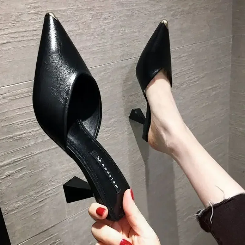 Sandalias de tacón alto de 5cm para mujer, zapatos informales de piel sintética con punta estrecha, color negro, verano, 2024