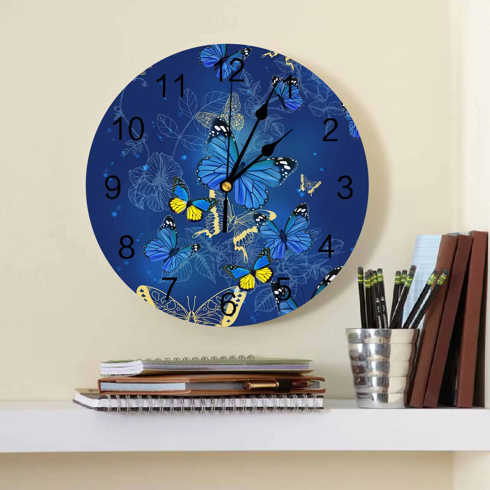 Butterfly Flower Blue Wall Clock Large Modern Kitchen Dinning Round Wall Clocks Bedroom Silent Hanging Watch