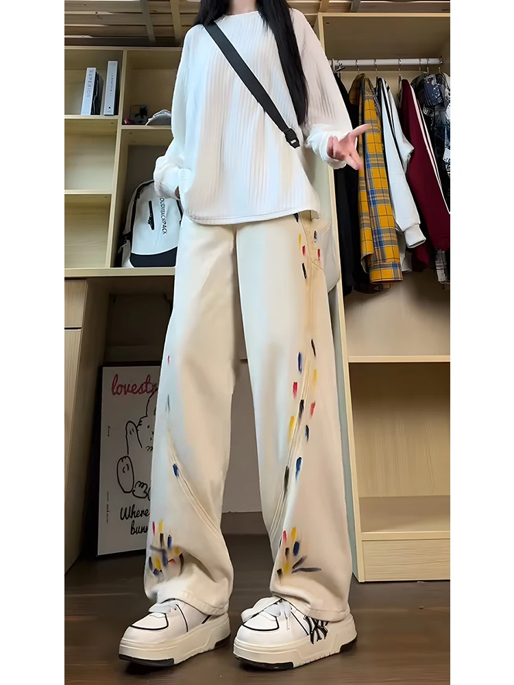 

Повседневные мужские прямые джинсы fiti Dyeing American High Street Весна Осень Прямые широкие брюки Dra Long ...