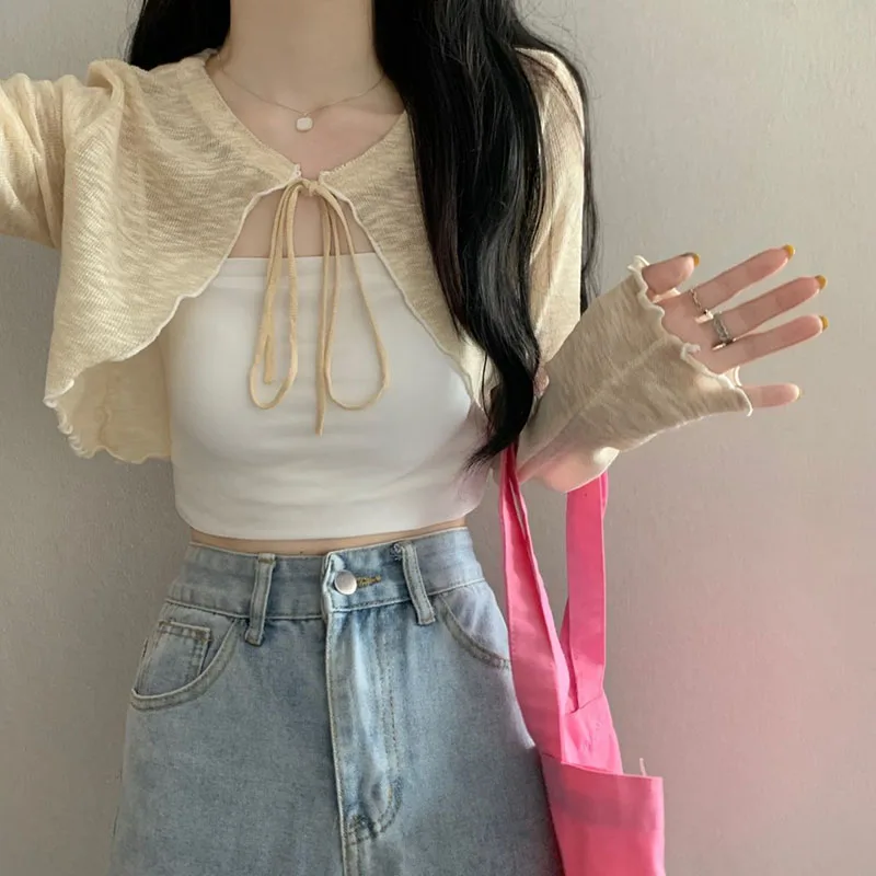 XPQBB Summer Thin Sun-proof Cardigan Women Candy Colors Sweet Long Sleeve Crop Tops Woman Bow Lace Up Shawl Airable Shorts Shirt