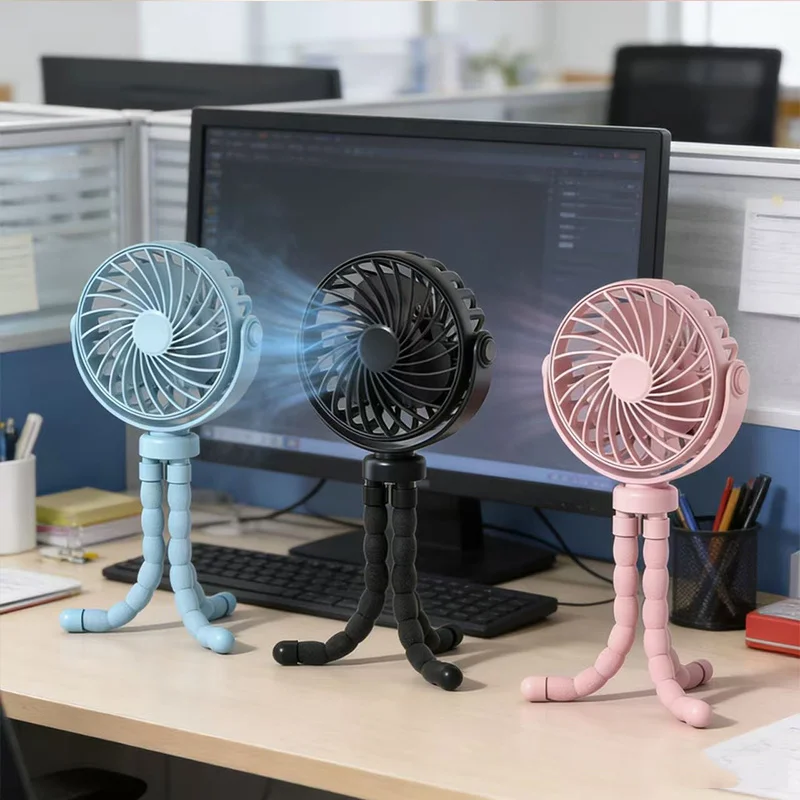 Portable Flexible Tripod Fan USB Rechargeable Mini Octopus Fan Ultra Quiet for Stroller Car Seat Travel Handheld 3-speed Fan