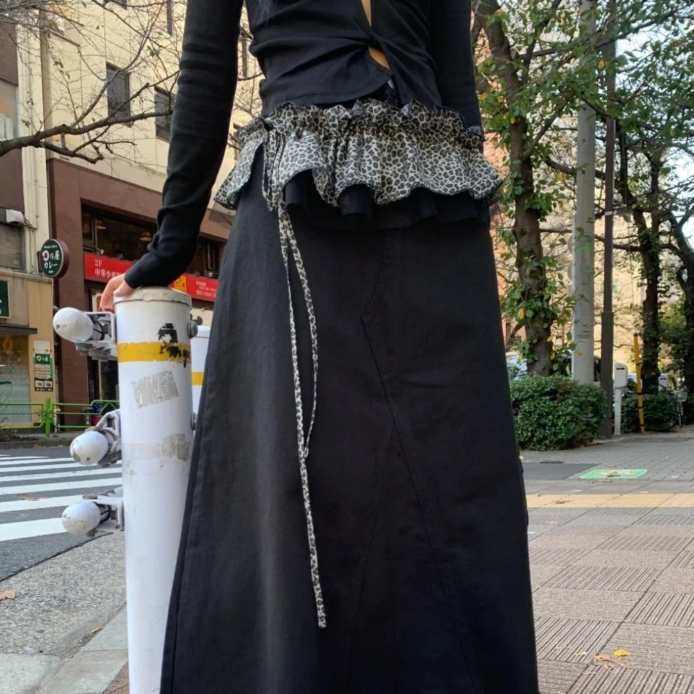 힙합 레오파드 프린트 힙 스카프 스커트 스위트 셔츠 익스텐더 러플 엣지 허리밴드 메쉬 Y2K 레이어드 아웃핏 벨트 스트리트웨어