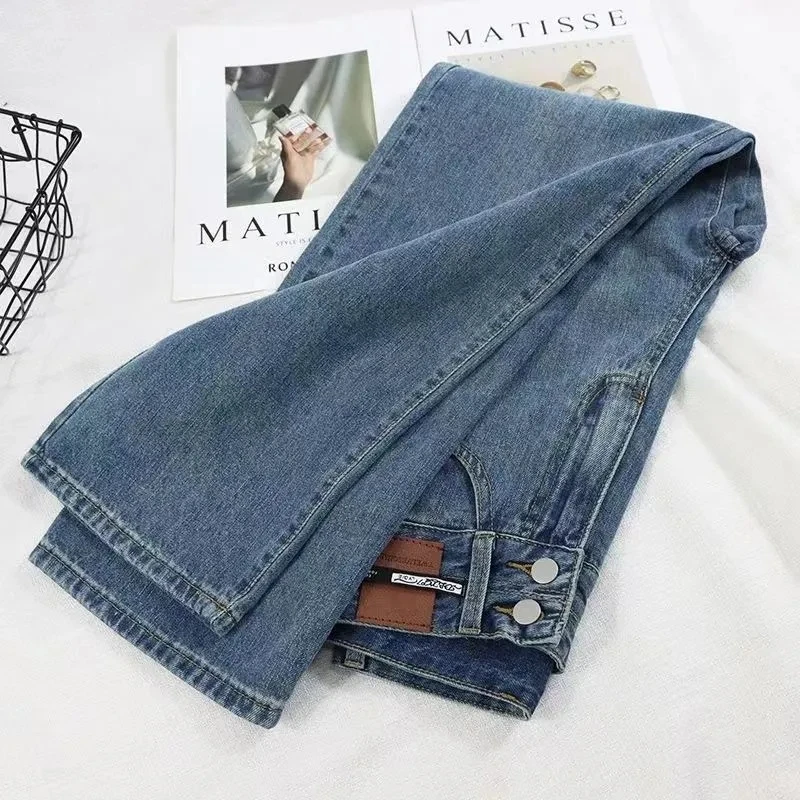 Celana jins kaki lebar lurus 5XL, pakaian Denim kasual longgar Korea pinggang tinggi, celana jins kaki lebar kaki lurus musim semi dan musim gugur untuk wanita