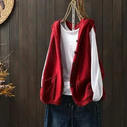 Waistcoat Red Cardigan Women's Knitted Vest Hooded Female Sweater Loose Youthful Clothes Formal Tops 2024 Wear To Work Aesthetic