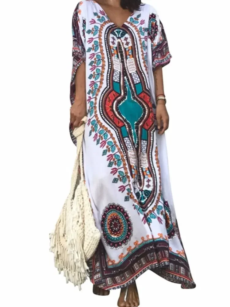 Bohemian Oversized Printed V Neck Fashionable Kaftan Jacket House Dress Soft Swimsuit Cover-up Dresses Relaxed Lounge Wear Q288