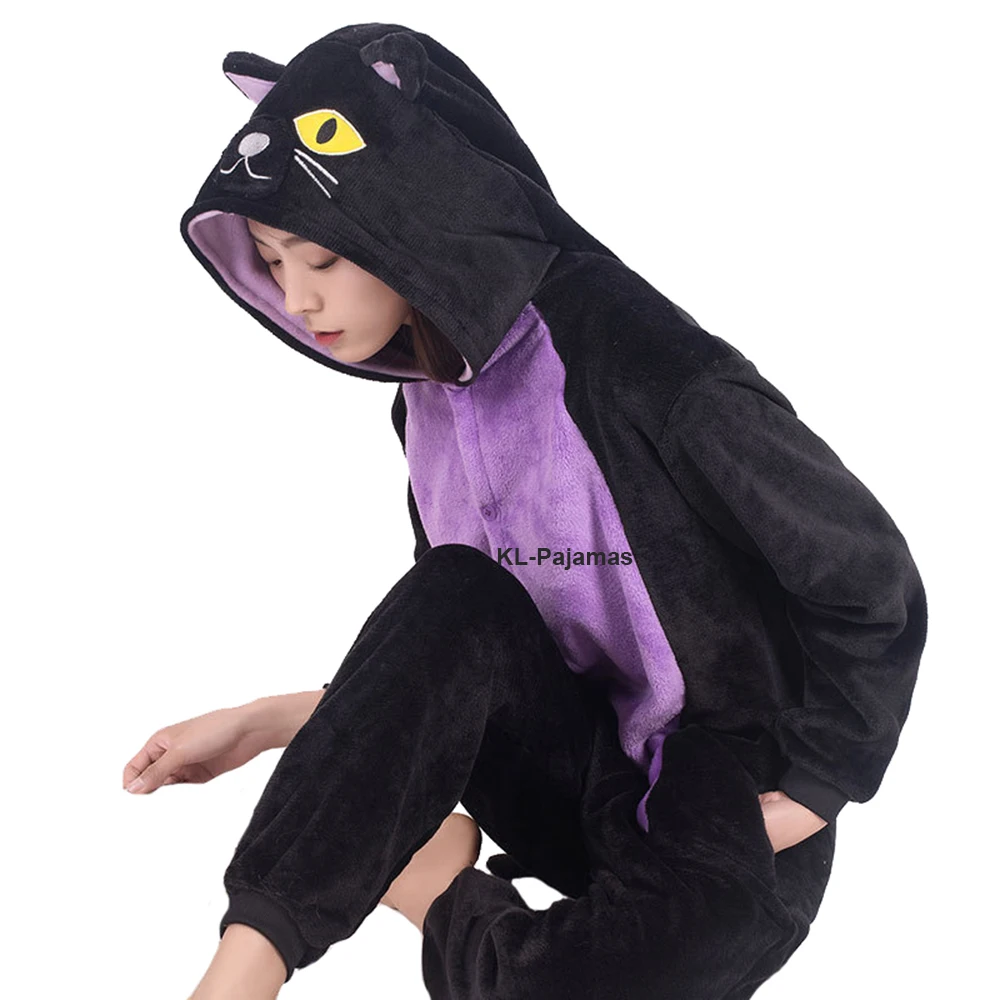 Halloween Animal Onesie Pajamas for Adults Black Cat Cosplay Costume Women And Men Homewear One Piece Flannel Anime Jumpsuits