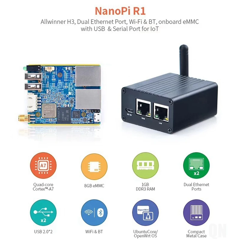 

For Nanopi R1 Allwinner H3 Quad-Core 4Xcortex-A7 1GB RAM+8GB EMMC Dual Network Port IOT Router Supports Open Source