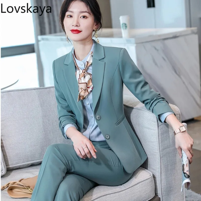 Classic Office Formal Pant Suit For Work Female Long Sleeve Blue Black Solid Two Piece Set Blazer and Trouser