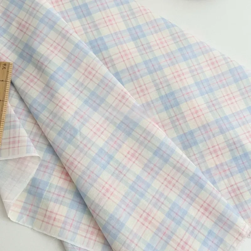 140x50cm Pink Blue Checkered Fabric, Digital Print Cotton Material for Kids' Clothing, Home Wear, Bags and Pajamas Sewing Cloth