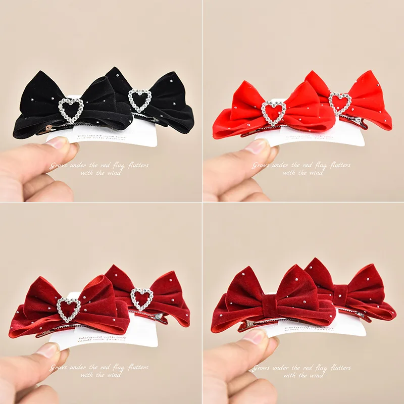 2pcs Velour Starry Bow Hair Clips, Elegant Bow Tie Hair Accessories, Festive New Year Outfit Set, Red Velvet with White Accents