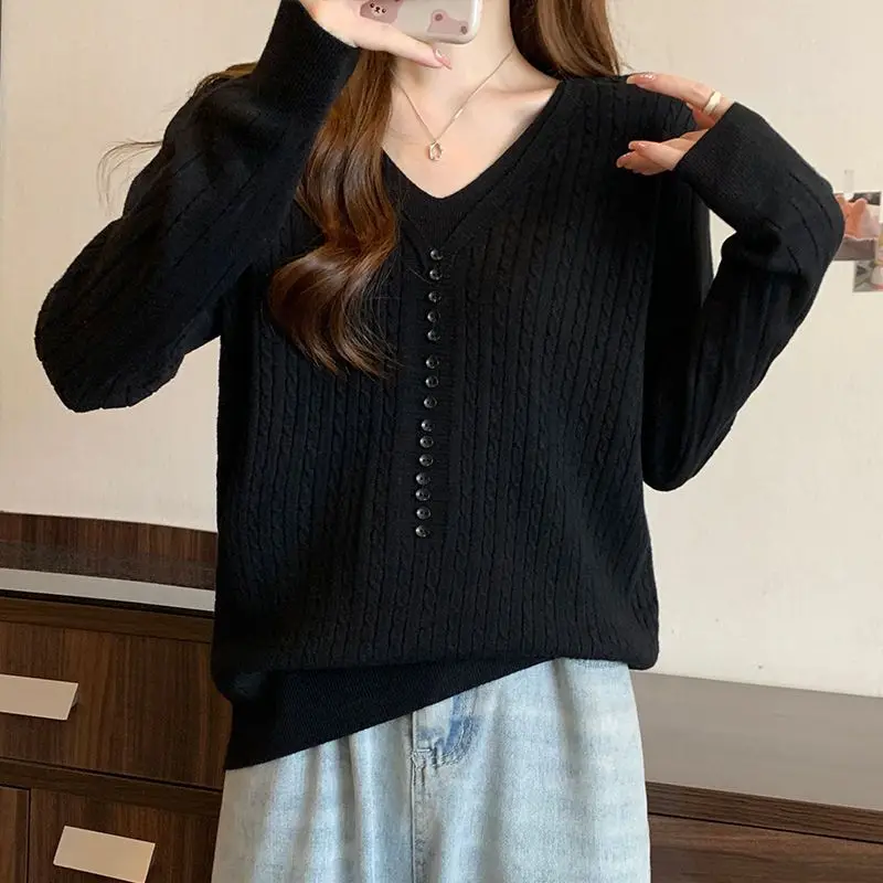 Fake Two Pieces V-Neck Sweaters Female Clothing Stylish Button Loose Autumn Winter Basic Solid Color Long Sleeve Knitted Jumpers