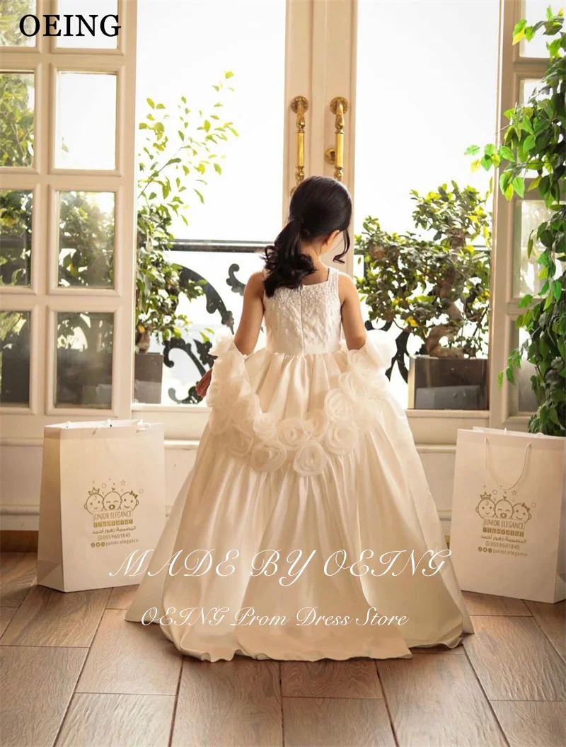 OEING Luxury A-Line Flower Girl Dresses Knee Length 3D Flower Satin Kids Girl Dress With Detachable Train For Wedding Customized