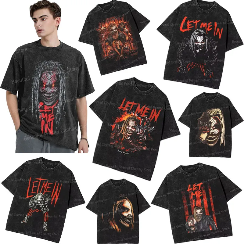 

100% Cotton Washed Bray Wyatt T-shirt The Fiend Let Me In Print Fashion Men's Women's T-Shirts Streetwear Basic Top