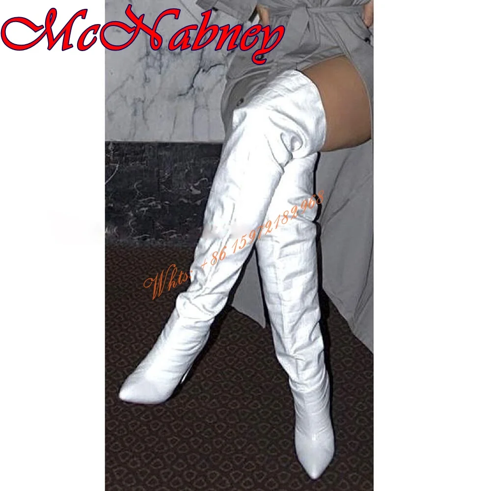 Sexy Laser Solid White Boots Pointed Toe Stiletto Heels Women Shoes V Cuts Slip on Spring Autumn Thigh High Boots Lady Banquet