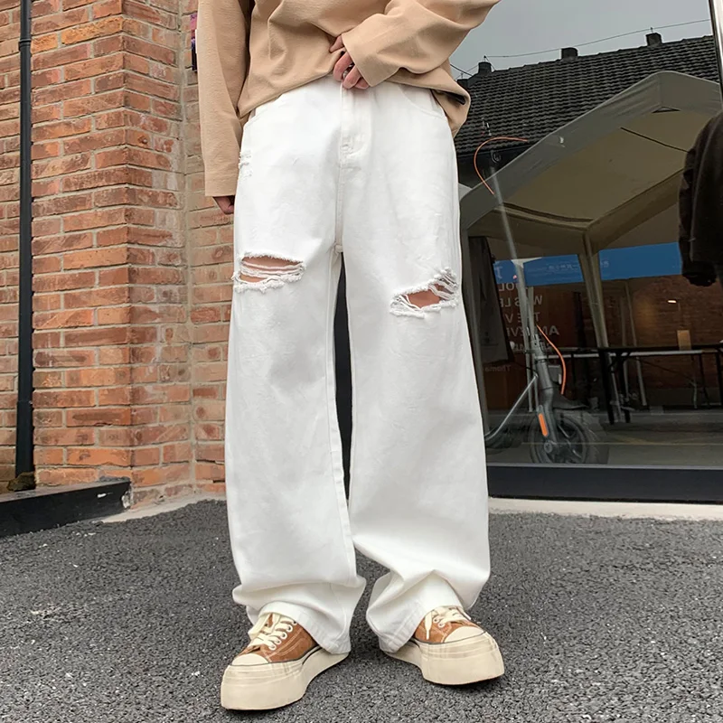 

Высококачественные белые рваные мешковатые джинсы, мужская одежда, корейская уличная одежда, брюки для скейтборда в стиле хип-хоп, джинсовые брюки для уличных танцев, мужские