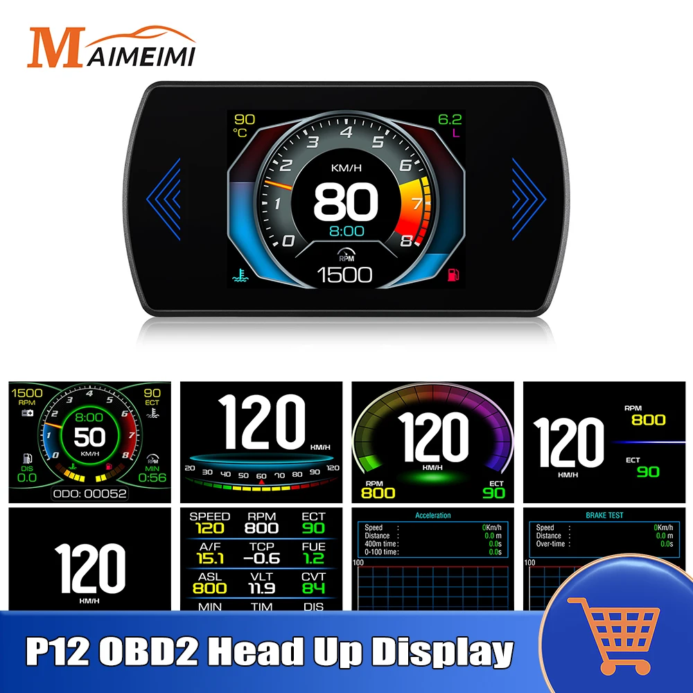 P12 OBD2 Head Up Display Smart Digital Meter Car Speedometer Tacho RPM Turbo Boost Pressure Water Temp Oil Temp EXT Volt Meter