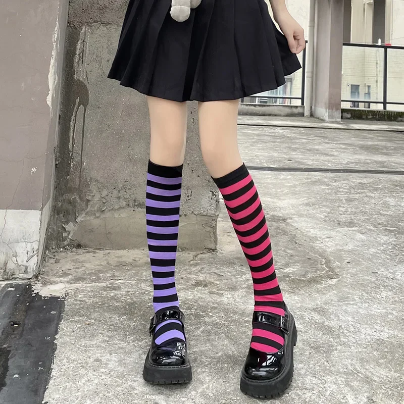 Japanese Harajuku Cotton Socks for Girls, Striped Knee High Socks, Punk Streetwear, Blue, Purple, Black, Red Color, Sweet Cool