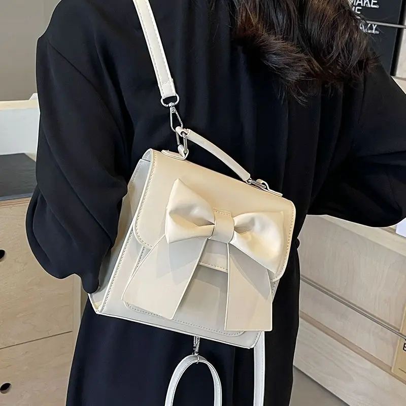 Summer Pure Color Pu Leather High-End Feeling Korean Bow Light Travel Commuting Leisure Mini Backpack for Female Students