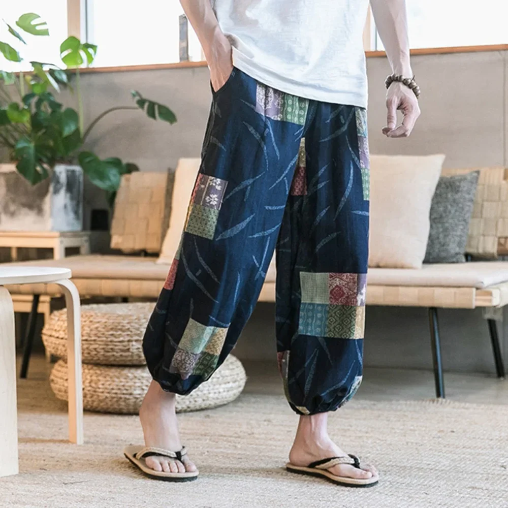 Summer Beach Style Thai Lantern Pants Wide Leg Pant Drawstring Elastic Waist Totem Printing Long Pants Trousers Clothing For Men