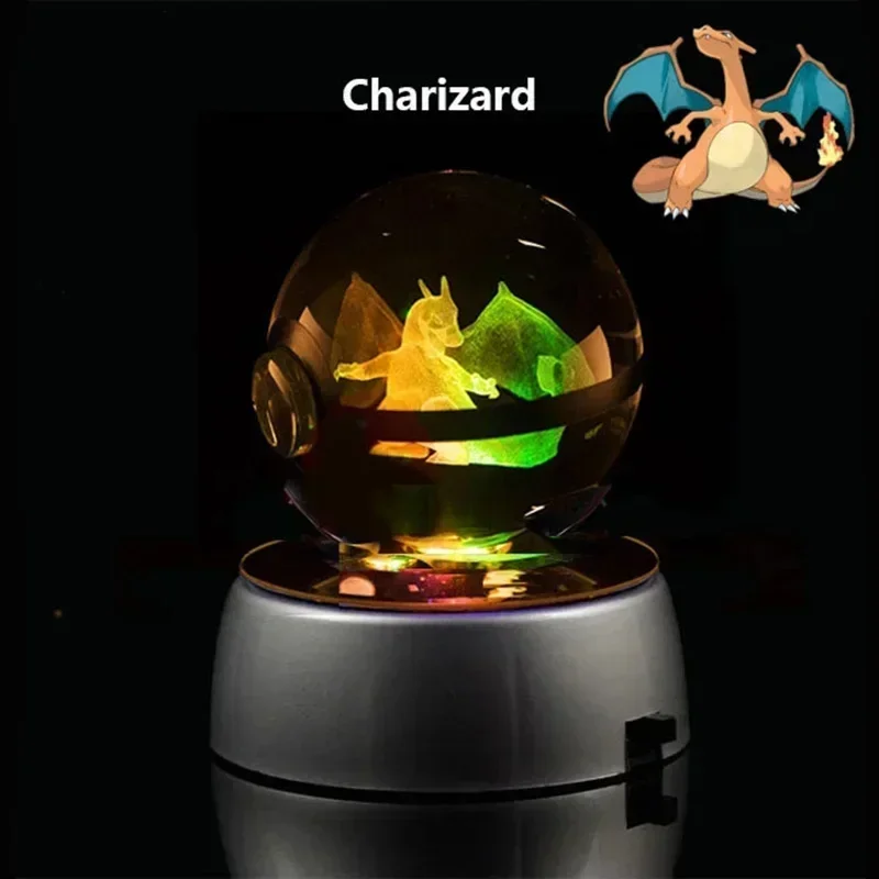 Charmander Crystal Ball 3D Toys Pikachu Mewtwo Figures Pokémon Engraving Model with LED Light Base Kids Gift Collectable