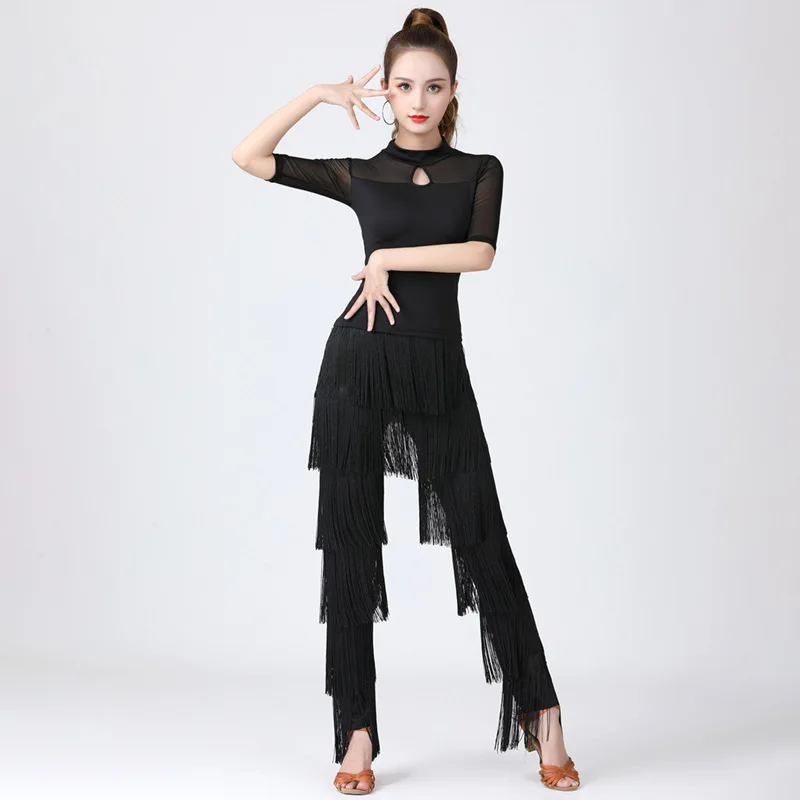 YSWEYOMIC Adult Women Latin Dance Fringed Trousers Ladies Modern Ballroom Dancing Long Pants Dancewear Performance Costumes