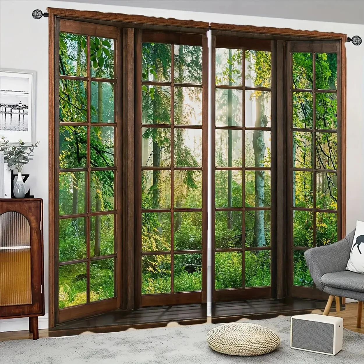 قطعتان - ستائر مطبوعة بإطار خشبي مقلد للحديقة، ستائر كيس عمود 42*84، غرفة النوم، غرفة المعيشة، ديكور غرفة المنزل