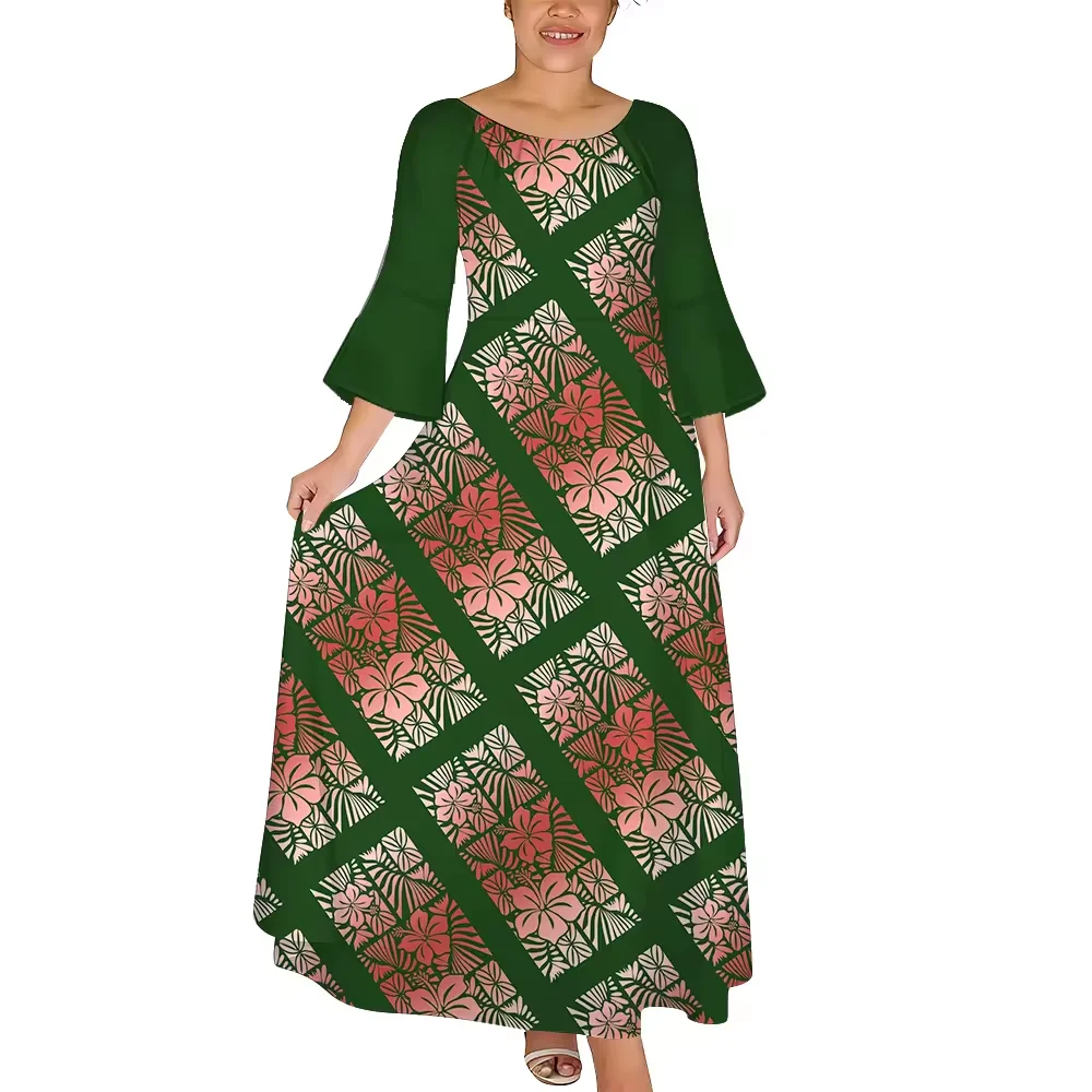 2026 Wholesale Price Casual Women Dress Plus Size 7xl Polynesian Hawaii Hibiscus Luxury Design Green Long Dress Dropshipping