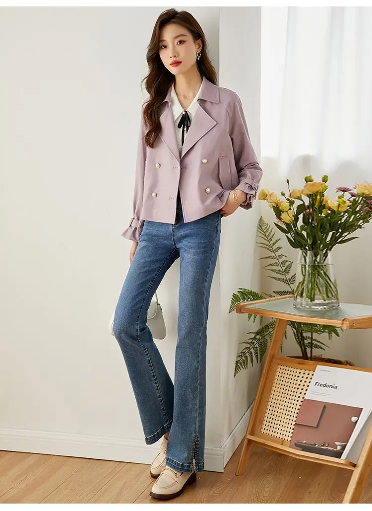 2023 Spring Autumn New Short Purple Windbreaker Women Casual Loose Female Outwear Trench Jacket