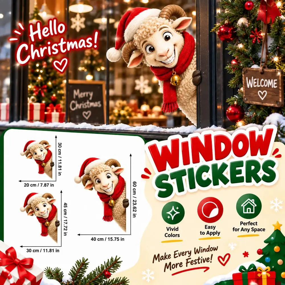 Christmas Cute Sheep Static Window Cling No Glue Double Sided UV Print Window Sticker Removable PVC Glass Decal