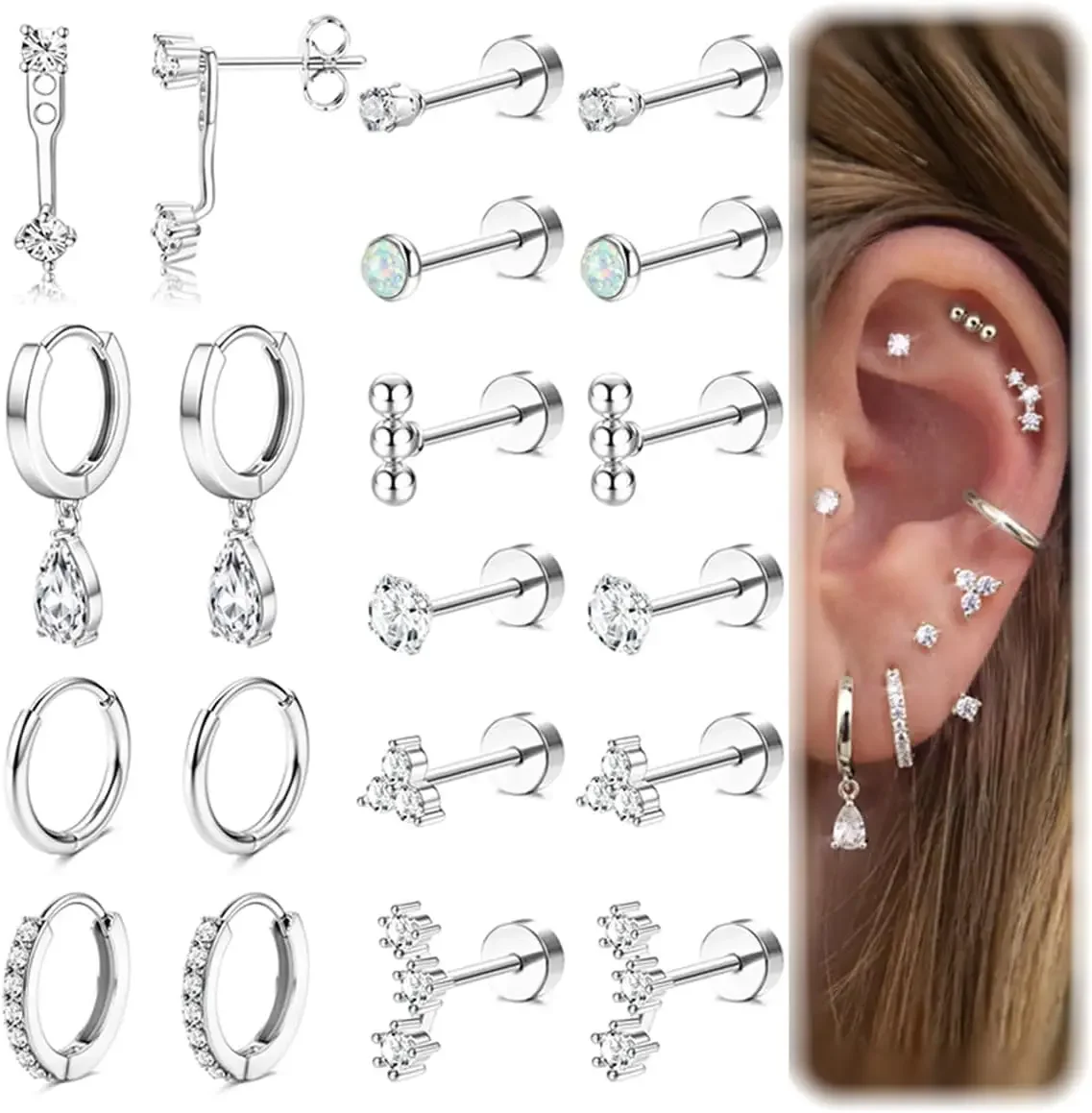 Pendientes de Aro Planos Modernos Chapados en Oro de 14K para Mujer, Pequeños Aros y Sets de Cartílago