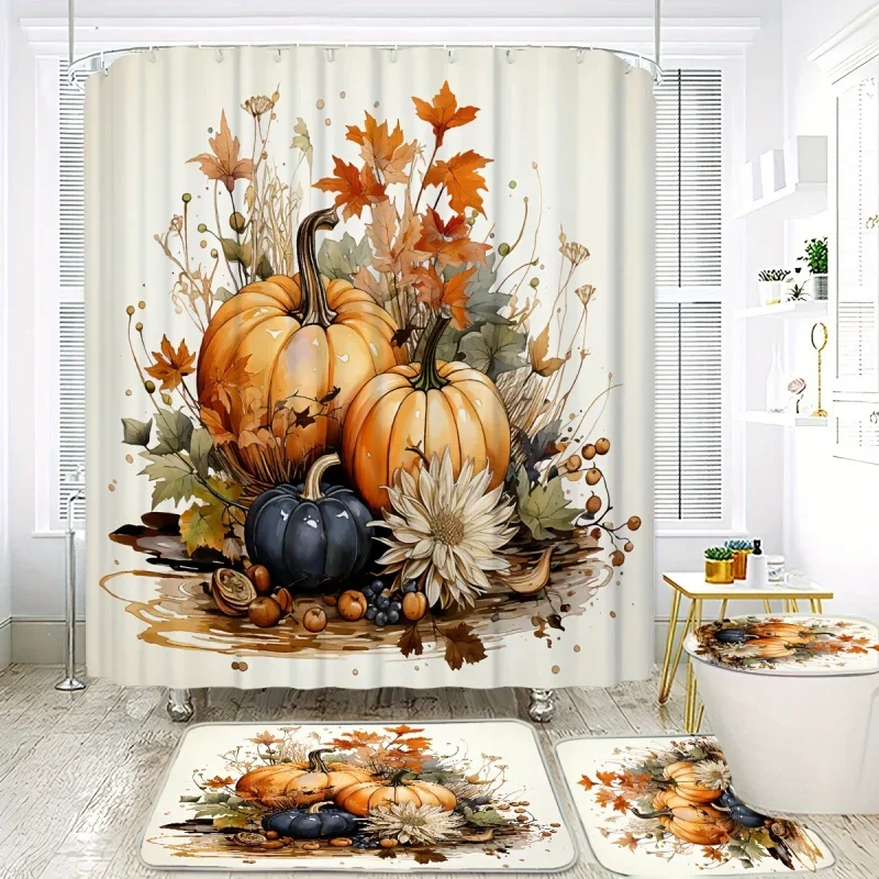 4pcs Orange Pastoral Style Pumpkin and Autumn Leaves Harvest Decoration Halloween Shower Curtains Halloween Cute Wind Toilet