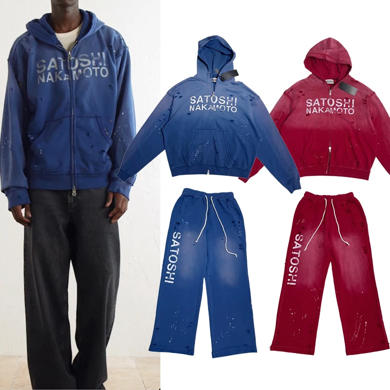 Satoshi Nakamoto Hoodie Sets Autumn Winter Retro Distressed Letter Printed Sweatshirts Casual Pants Two Piece Sets Man Stock