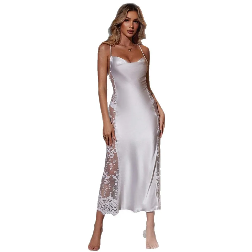 Sexy Perspective Lace Patchwork Long Nightgown Intimate Lingerie Slim Satin Nightdress Home Clothes Summer New Women Sleepwear