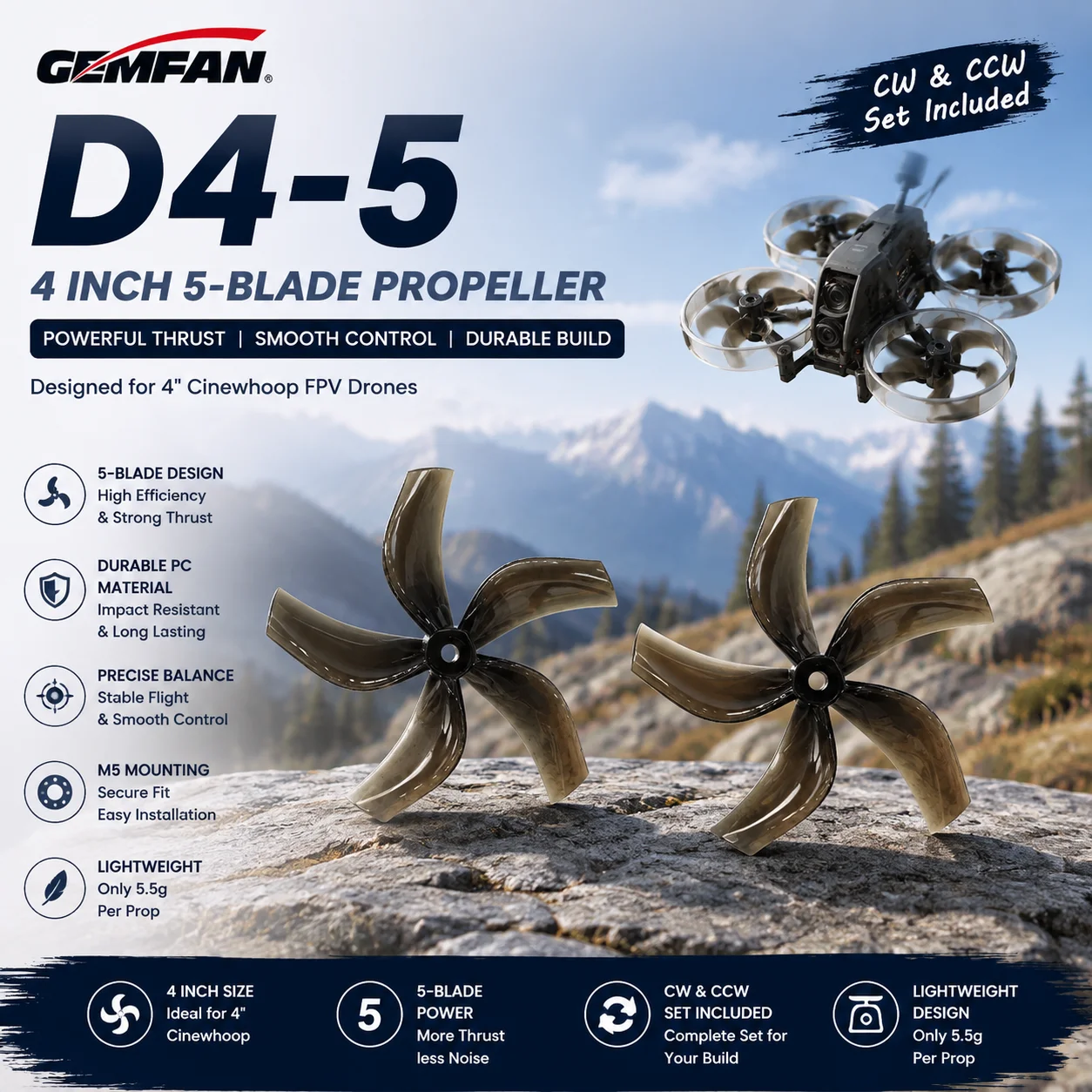 Gemfan D4-5 Ducted 4 Inch 5-Blade Propeller 5.5g M5 for 4