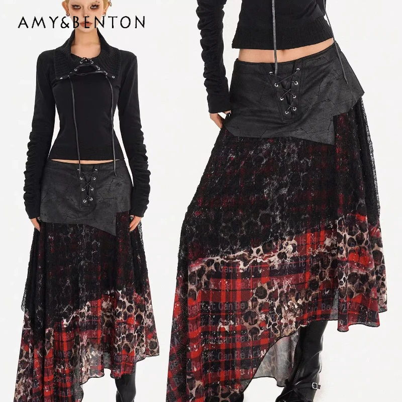

Punk Dark Red Plaid Splicing Zipper Y2k Irregular Mesh Women's Long Skirt 2026 Spring New Sweet Cool Sexy Lace Hem Skirts Ladies