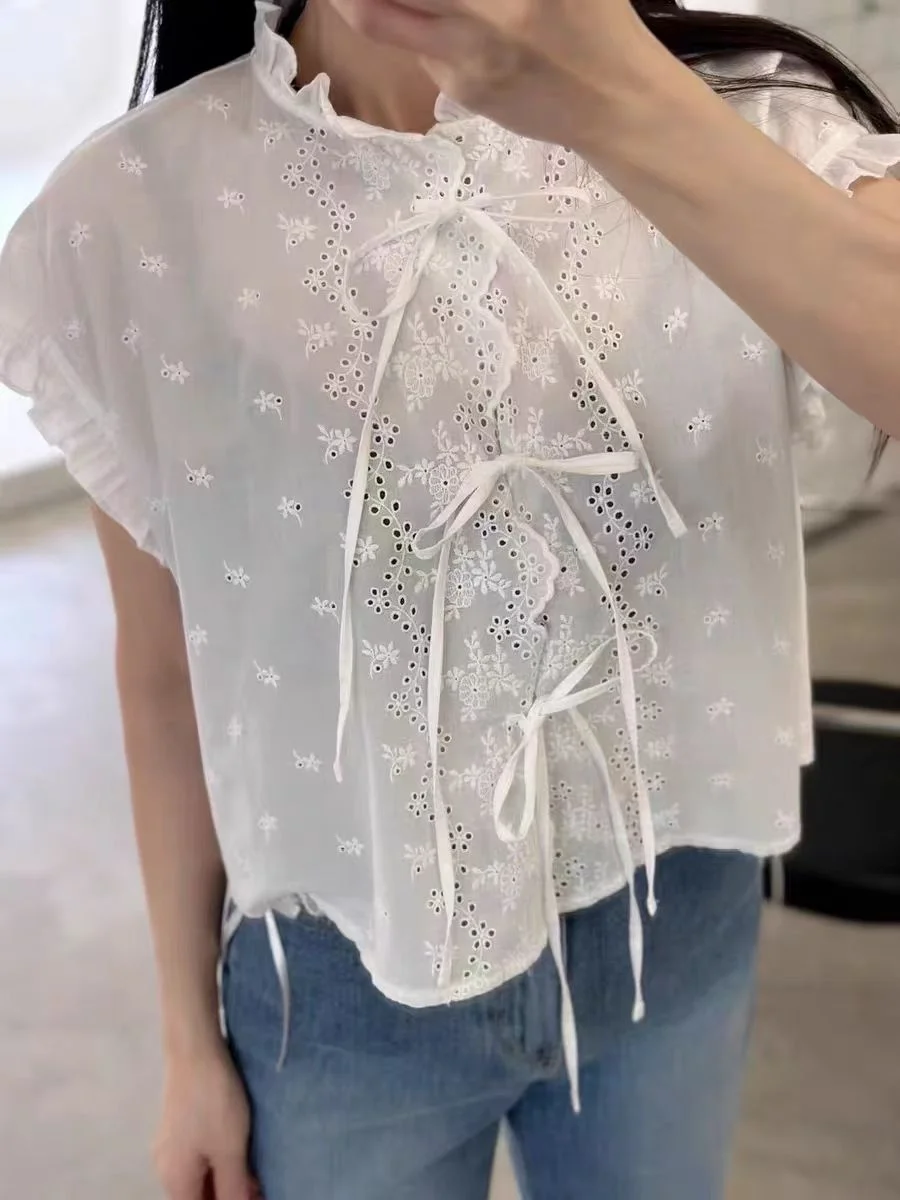 

Lace Knot Tie irt Women's ort Sve Design Sensation Micro Transparent Loose Fit Commute Sle Pure Color