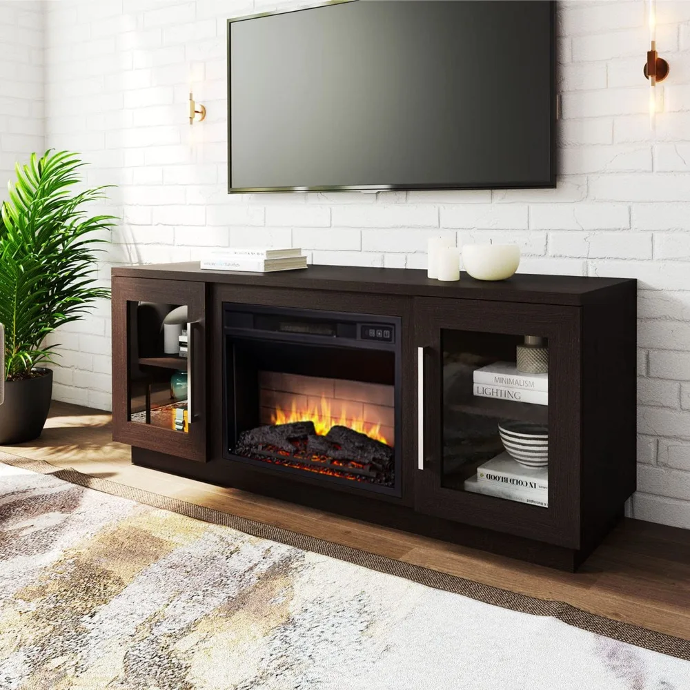 3D Fireplace TV Stand Media Console 6 Shelf Barn Door Electric Remote Flame Living Room 65in ,Customized