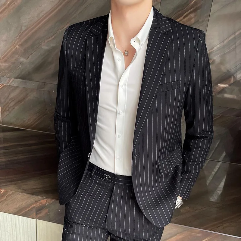 

ZX137Suit Slim Fashion Striped Casual Groom Wedding Dress British Style Suit Men's Business Formal Wear