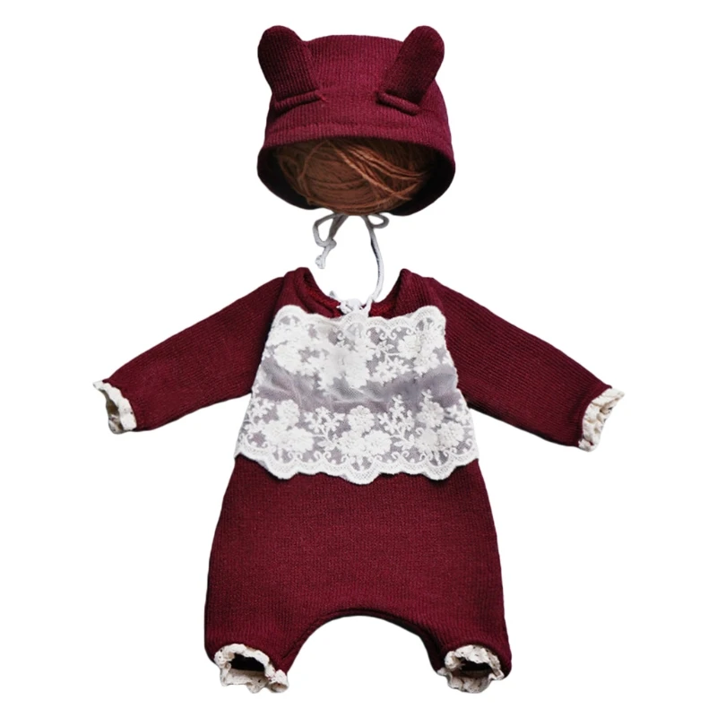 

2 Pcs Newborn Photography Props Ear Romper Jumpsuit Infants Photo Clothing Outfits Baby Hat Bodysu