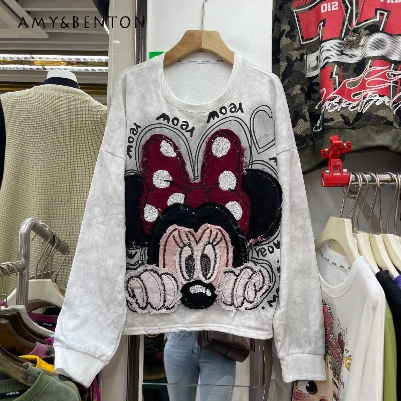 Y2k O-Neck Sudaderas Coat Heavy Industry Cartoon Patch Embroidery Long Sleeved T-shirt Hoodies Loose Casual Sweet Sweatshirt